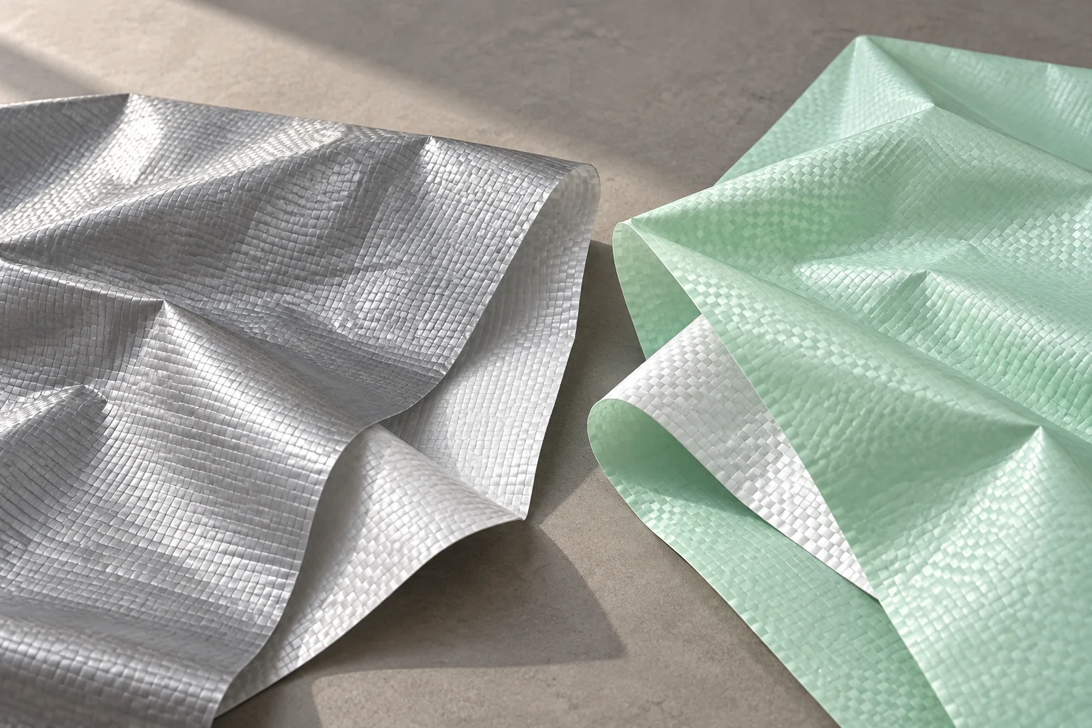 Illustrative silver and pale green single-side coloured woven sheets